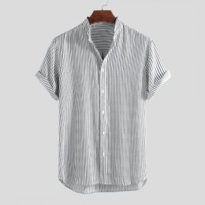 Men Stripe Cotton Short Sleeve Round Hem Casual Shirts