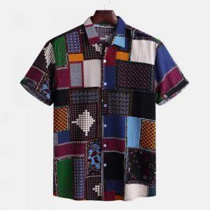 Mens Funny Patchwork Printed Summer Short Sleeve Loose Casual Fashion Shirts