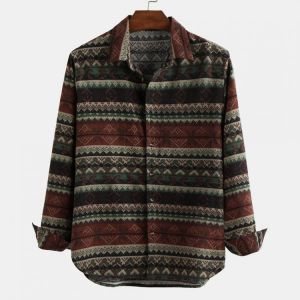 Men Cotton Stripe Printed Ethnic Style Vintage Lapel Long Sleeve Shirts