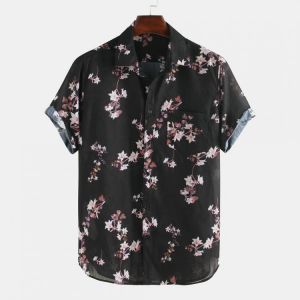Mens Summer Floral Printed Plain Pattern Short Sleeve Casual Shirts