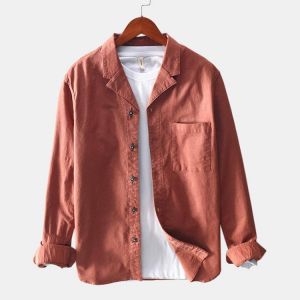 Men Thin Corduroy Solid Chest Pocket Revere Shirts