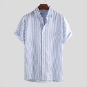 Men Stripe Short Sleeve Turn Down Collar Shirts