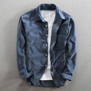 Mens Fashion Solid Color Pocket Thick Long Sleeve Casual Shirts
