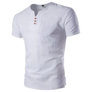 Summer Mens Casual V-neck Button Cotton Linen T-shirt Short Sleeved Tops Tees