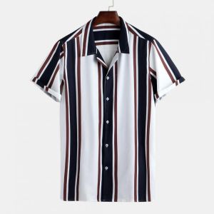 Mens Fashion Patchwork Big Stripe Breathable Loose Casual Shirts