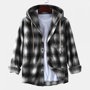 Men's New Fashion Plaid Printing Loose Sanding Hooded Long-sleeved Shirts Coats