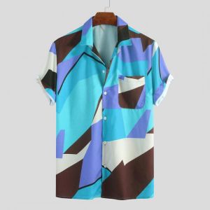 Mens Summer Colorblock Contrast Printed Short Sleeve Casual Shirts
