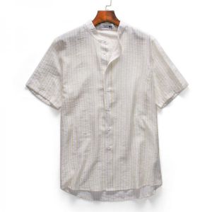 Mens Vintage Stand Collar Stripe Short Sleeve Casual Shirts
