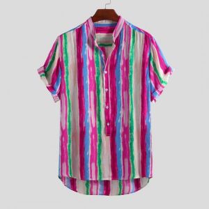 Mens Colorful Striped Summer Loose Casual Fashion Hawaiian Shirts