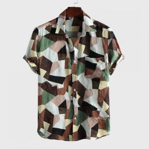 Mens Fashion Color Block Printed Breathable Casual Shirts