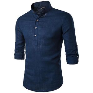 Mens Linen Chinese Collar T-shirt Buttons Breathable Long Sleeve Brief Retro Style Solid Color Tops