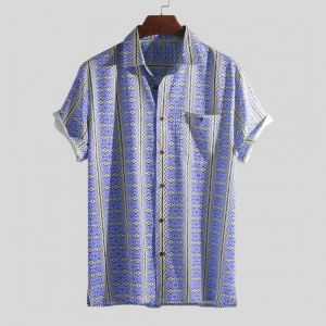 Men Ethnic Pattern Print Vintage Chest Pocket Holiday Relaxed Shirts