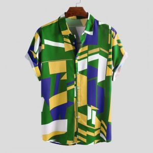 Mens Fashion Colorful Contrast Color Printing Loose Casual Shirts