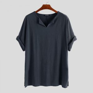 Mens Summer Cotton Casual Loose Solid Color T-shirts Comfy Tops