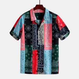 Men Colorful Bandana Print Short Sleeve Revere Shirts