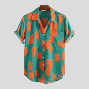 Mens Contrast Color Blocks Design Summer Loose Casual Fashion Printing Shirts