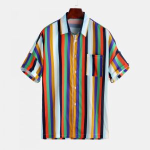 Mens Colorful Stripe Summer Comfy Trendy Holiday Shirts
