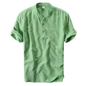 Chinese Wind Men's Casual Cotton Linen Short Sleeved T-shirts Fashion Vintage Stand Collar Tops