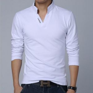 HOT SALE Mens Fashion V-neck Collar Solid Color Long Sleeve Casual T-shirts