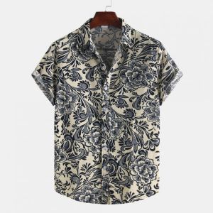 Men Printed Cotton Summer Casual Turn Down Collar Short Sleeve Shirts
