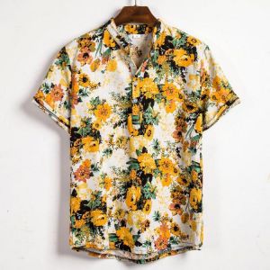 Mens Summer Floral Printed Turn Down Collar Casual Shirts