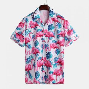 Men Flamingo Leaf Print Short Sleeve Hawaiian Shirts
