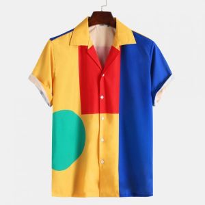 Mens Irregular Color Blocks Short Sleeve Casual Shirts