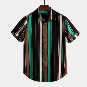 Mens Fashion Colorful Symmetry Stripe Design Casual Short Sleeve Shirts