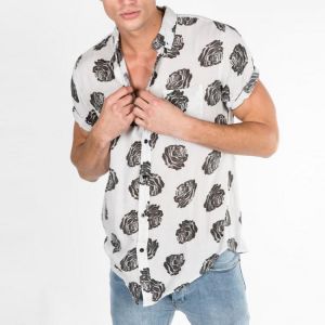 Men Black Rose Printed Short Sleeve Breathable Shirts