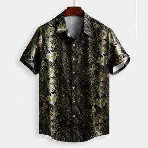 Mens Vintage Baroque Printed Short Sleeve Loose Shirts