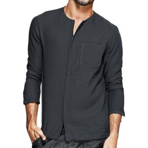 Charmkpr Mens Zipper Solid Color O Neck Pocket Casual Shirts