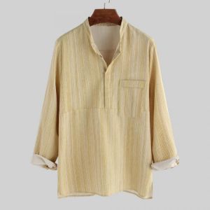 Mens Linen Cotton Vintage Loose Pocket Popover Shirts