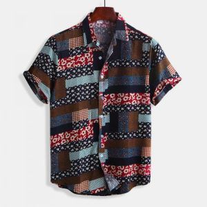 Mens Casual Striped Floral Printing Cotton Short Sleeve Patchwork Summer Shirts