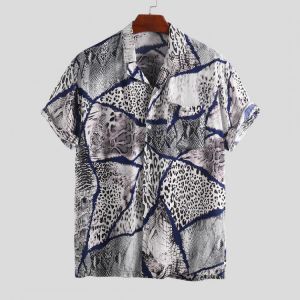 Men Leopard Snake Print Single Pocket Short Sleeve Shirts