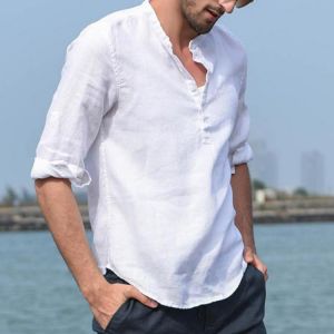 shopping חולצות וסוודרים Mens Shirt 3/4 Sleeve Stand Collar Button Blouse Pullover Casual Soft Dress Tops