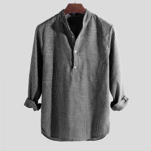 Mens Casual Shirts Dress Shirts Striped Henley Collar V-neck T-Shirt Button Tops