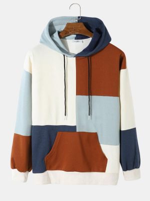 Mens Splicing Color Block Leisure Hooded Sweatshirts