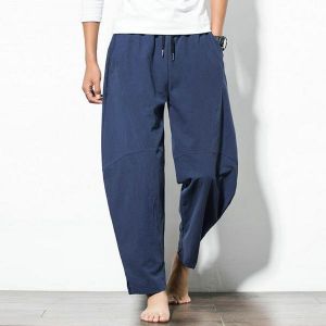 shopping מכנסיים Men&#039;s Loose Wide Leg Pants Solid Color Casual Baggy Breathable Cotton Harem Pants