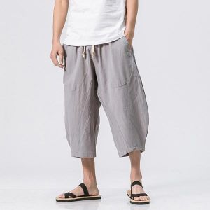 shopping מכנסיים Stylish Mens Cotton Linen Baggy Loose Calf Length Pants Antibacterial Casual Shorts