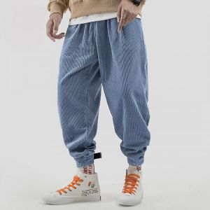 Mens Vintage Corduroy Elastic Waist Thick Pure Color Casual Pants