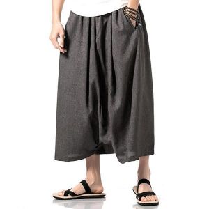 Chinese Style Casual Breathable Wide Leg Pants Fashion Men's Large Size Calf-Length Pants