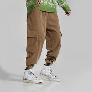Mens Retro Corduroy Multi Pockets Thick Loose Fit Solid Color Casual Pants