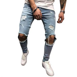 Mens Denim Pants Holes Slim Fashion Mid Rise Jeans