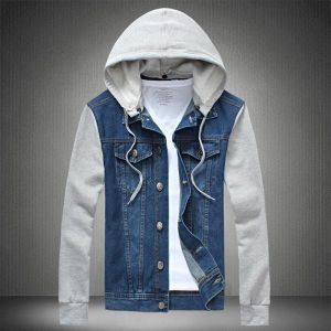Plus Size Mens Denim Jean Cotton Blend Patchwork Hooded Detachable Jacket