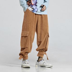Mens Vintage Corduroy Elastic Waist Big Pockets Casual Pants
