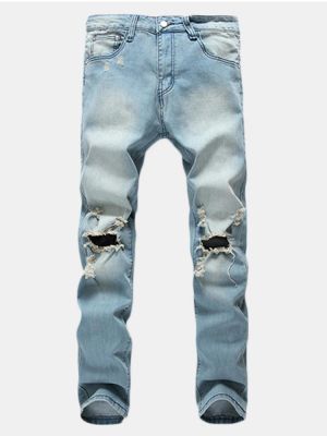 Mens Holes Fashion Casual Straight Legs Jeans Vintage Light Blue Denim Pants
