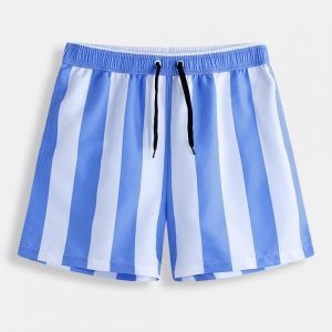 Men Stripe Contrast Color Board Shorts Quick Dry Colorful Mesh Liner Casual Swim Shorts