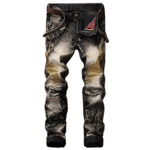 Casual Vintage Holes Embroidered Wings Stone Washed Jeans for Men