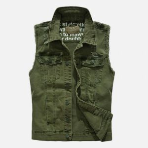 Mens Pocket Ripped Jean Vest Sleeveless Denim Jacket
