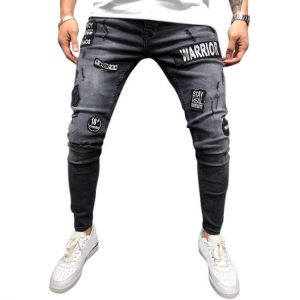 Mens Fashion Cotton Mid Waist Patchwork Jeans Denim Pants